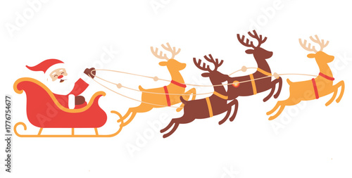 Santa claus riding in his sleigh pulled by reindeer across the sky during christmas season celebration
