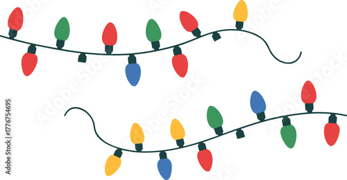 Colorful festive christmas lights in red green blue yellow and orange strung together on a white background