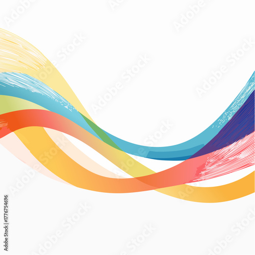 Vibrant Rainbow Waves With Brushstroke Textures On White Background Keywords: abstract, rainbow, waves, vibrant, colorful, background, white, design, graphic, art, smooth, gradient, bright, clean