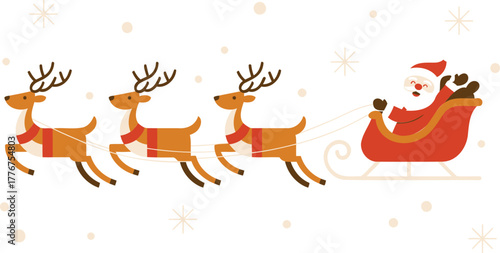 Whimsical illustration of santa claus in his sleigh being pulled by three festive reindeer across a white background