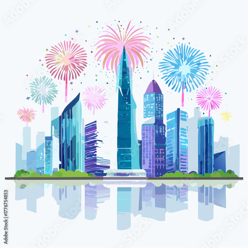 Vibrant City Skyline with Fireworks Display and Reflections Keywords: city, skyline, fireworks, celebration, urban, modern, buildings, skyscrapers, architecture, night, event, festival, party, new