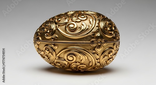 Exquisite ornate golden egg Faberge style jewel box with intricate swirling floral patterns gleams luxuriously