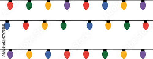 Vibrant strings of colorful christmas lights in red green yellow and blue illuminate a festive holiday celebration