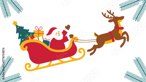 Whimsical illustration of santa claus in his sleigh pulled by a reindeer against a white background with festive greenery