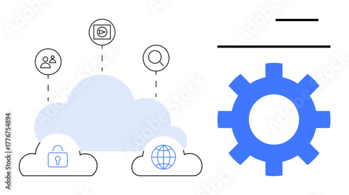 Cloud with security, user, globe, and media icons, blue gear on the right. Ideal for technology, cloud storage, data security, networking system management innovation simple flat metaphor