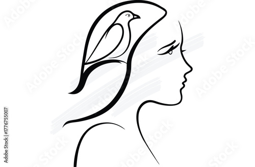 Minimalist Line Art Woman's Profile with Bird in Hair Silhouette animal woman continuous line art