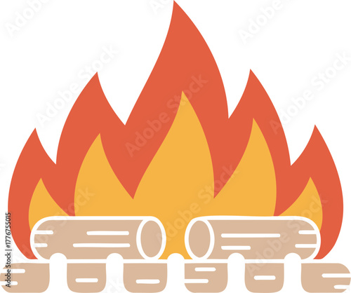 Vibrant cartoon illustration of a campfire with bright orange and yellow flames and stacked logs for warmth and cooking