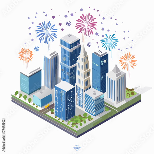 Isometric city skyline with tall buildings, trees, and colorful fireworks exploding in the sky cityscape