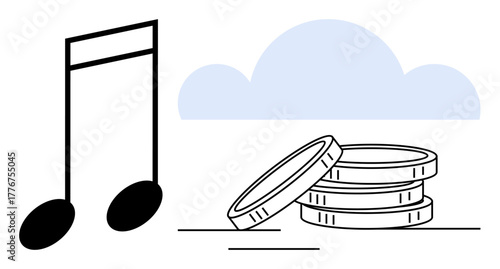 Quarter notes and coin stack under stylized cloud. Ideal for music streaming, royalties, online economy, cloud storage, digital services, financial growth, creative industries. Simple flat metaphor