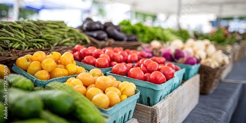 farmer's market display with fresh organic local produce - colorful fruits and vegetables