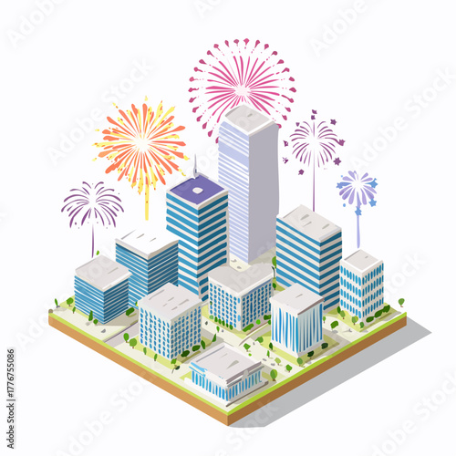 Isometric cityscape with colorful fireworks exploding above modern buildings and trees on a white background