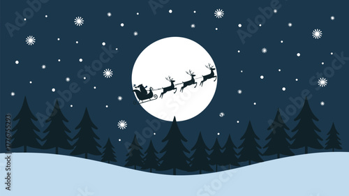 Silhouette of santa claus and his reindeer flying across a large full moon on a starry winter night