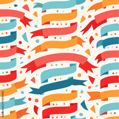 Seamless Pattern of Colorful Flat Ribbons and Confetti on White Background banner celebration
