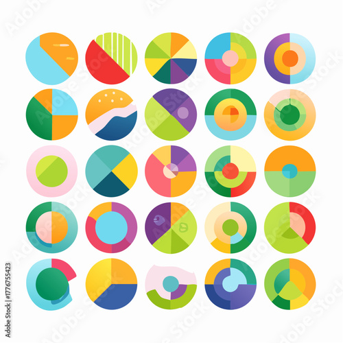 Grid of 25 Abstract Circular Pie Chart Graphics with Diverse Color Schemes on White data circle