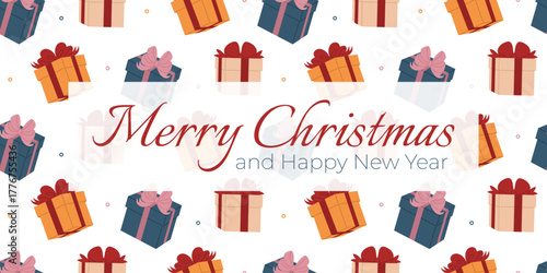 Merry Christmas and Happy New Year banner on gift boxes background. Traditional winter elements for holidays. Cozy holiday atmosphere with warm colors and cheerful mood. Flat vector illustration.