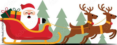 Joyful santa claus in a sleigh pulled by reindeer flying through a snowy forest with gifts