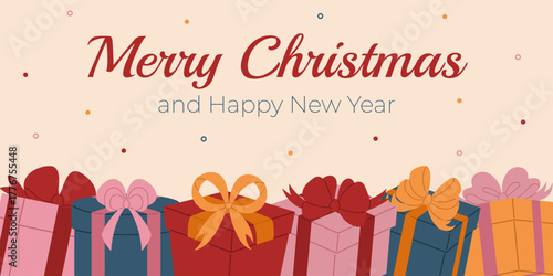 Merry Christmas and Happy New Year banner with colorful gift boxes. Traditional winter elements for holidays. Cozy holiday atmosphere with warm colors and cheerful mood. Flat vector illustration.