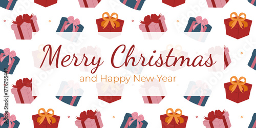 Merry Christmas and Happy New Year banner on gift boxes background. Traditional winter elements for holidays. Cozy holiday atmosphere with warm colors and cheerful mood. Flat vector illustration.