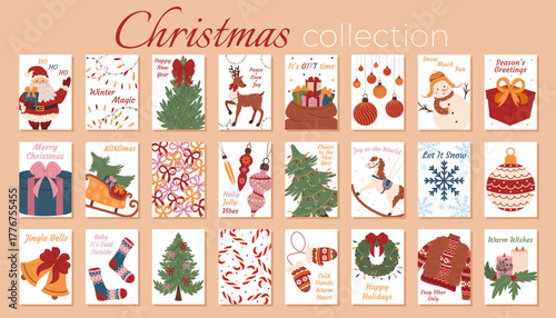 Collection of Merry Christmas and Happy New Year postcards. Traditional cozy winter elements with warm colors and cheerful mood. New Year and Christmas holiday decorations. Flat vector illustration.