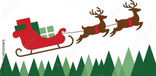 Festive red santa claus sleigh pulled by two reindeer with gifts flying over a green forest