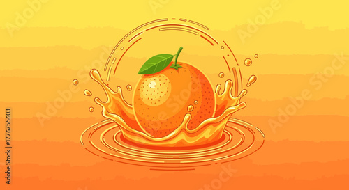 Fresh Orange Splashing Into Juice, Artistic Illustration of Citrus Fruit, Delicious