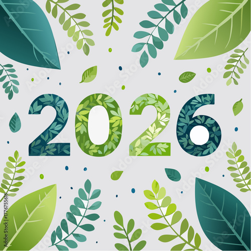 Year 2026 Represented by Green Leaves and Branches on a Light Gray Background new year foliage