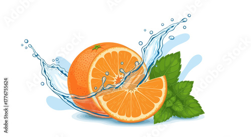 Fresh Orange Splashing With Mint Leaves And Water Drops Isolated On White Background
