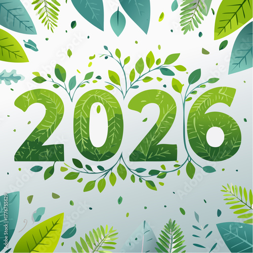 Green 2026 Numbers Decorated with Leaves and Branches on a White Background new year