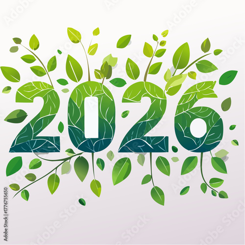 Green 2026 Numbers with Flowing Leaves and Branches on a Light Gradient Background new year