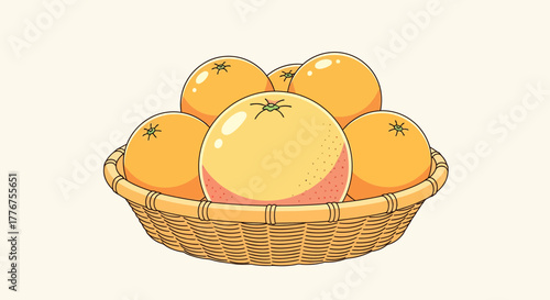 Fresh Oranges Gathered In Wicker Basket, A Colorful Illustration Of Harvested Fruits