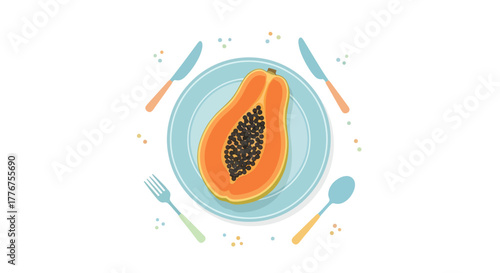Fresh Papaya Fruit Sliced On Plate With Cutlery, Healthy Food Preparation