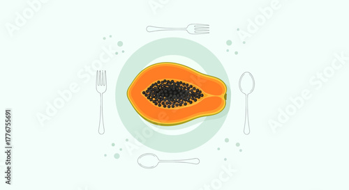 Fresh Papaya Fruit Slices with Forks and Spoons on Clean Pastel Background