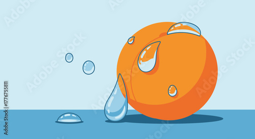 Fresh Peach Illustration with Water Droplets, Vibrant and Minimalist Design