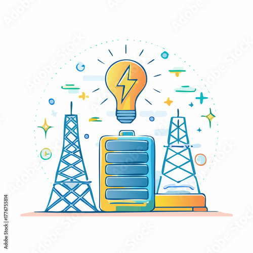Energy Concept with Battery, Light Bulb, and Transmission Towers electricity