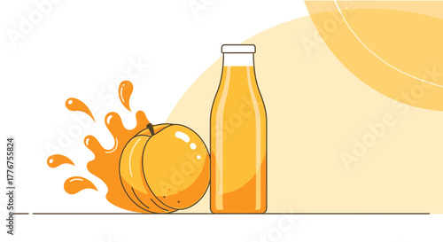 Fresh Peach Juice Illustration With A Bottle Of Delicious Healthy Orange Beverage