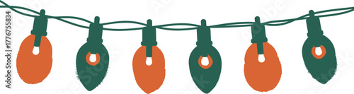 A string of festive christmas lights featuring alternating red and green bulbs hanging in a row