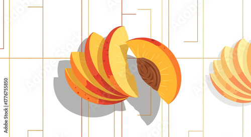 Fresh Peach Slices Arranged on a Geometric Pattern with Soft Shadows in A Flat Design Style