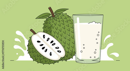 Fresh Soursop Illustration, Featuring Fruit, Juice, and Splash, Vibrant and Clean Design