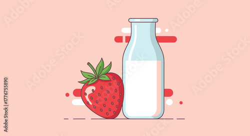Fresh Strawberry And Milk Drink Illustration Against a Light Pink Background Design