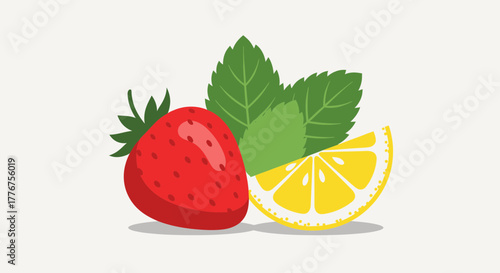Fresh Strawberry, Lemon, and Mint Leaves Vector Illustration on White Background