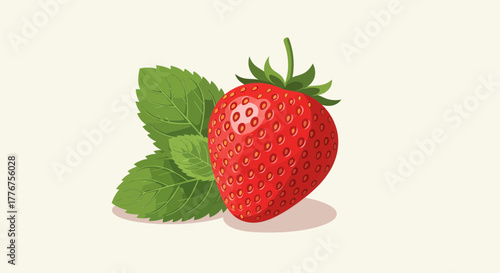 Fresh Strawberry With Vibrant Green Leaves Arrangement on Neutral Background