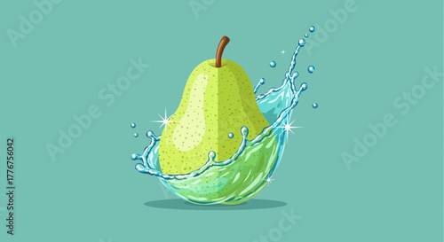 Fresh Pear In Aquamarine Water Splash, Delicious Fruit, Refreshing Concept Illustration Design