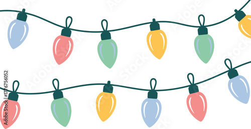 Festive string of colorful christmas lights in pastel shades hanging against a white background