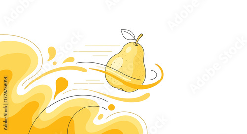 Fresh Pear In Motion With Juice Splash And Creative Composition On White Background