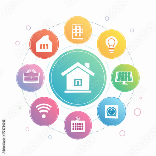 Smart Home Technology Icons Arranged in a Circular Diagram with Central House Icon Keywords: smart home, technology, automation, connectivity, internet, wifi, house, home, security, energy, solar