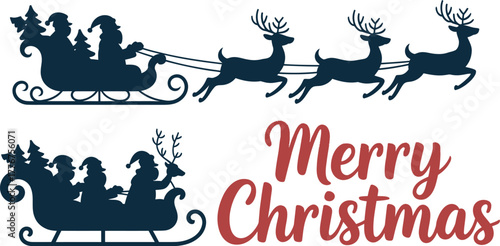 Festive silhouette of santa claus in sleigh pulled by reindeer with merry christmas text