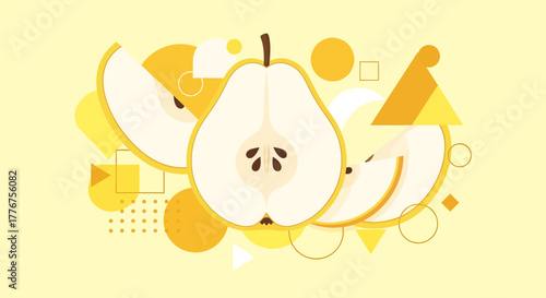 Fresh Pear Slice Artwork Creation With Geometric Designs And A Vibrant Yellow Color