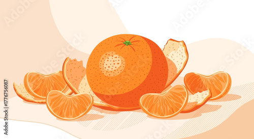Fresh Tangerine Illustration: A Colorful Citrus Artwork Featuring Slices and Peel Elements
