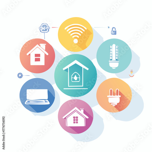 Smart Home Technology Icons Connected to a Central House Icon in a Circular Flow Keywords: smart home, technology, automation, connectivity, internet, wifi, house, home, security, energy, light