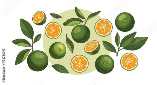 Fresh Tangerine Illustration: Green Citrus Fruits, Leaves, and Slices, a Healthy Theme